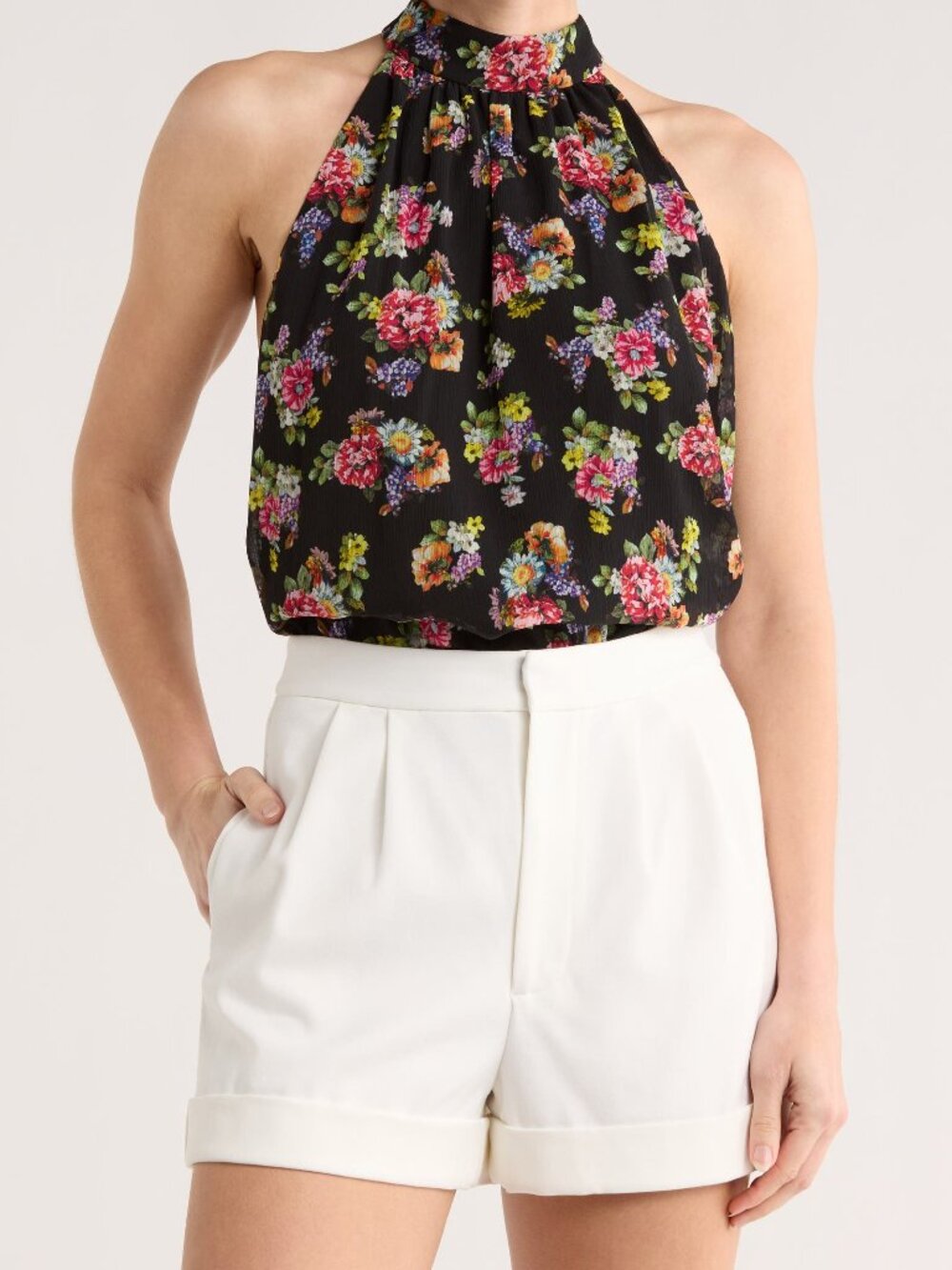 NWT ALICE + OLIVIA Maris Floral Halter Top Magnolia Black Tie Back Small